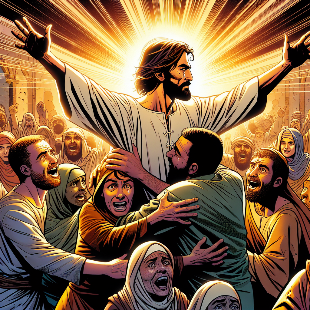 Jesus warmly greeting a crowd of diverse followers, created in an American comic book style.