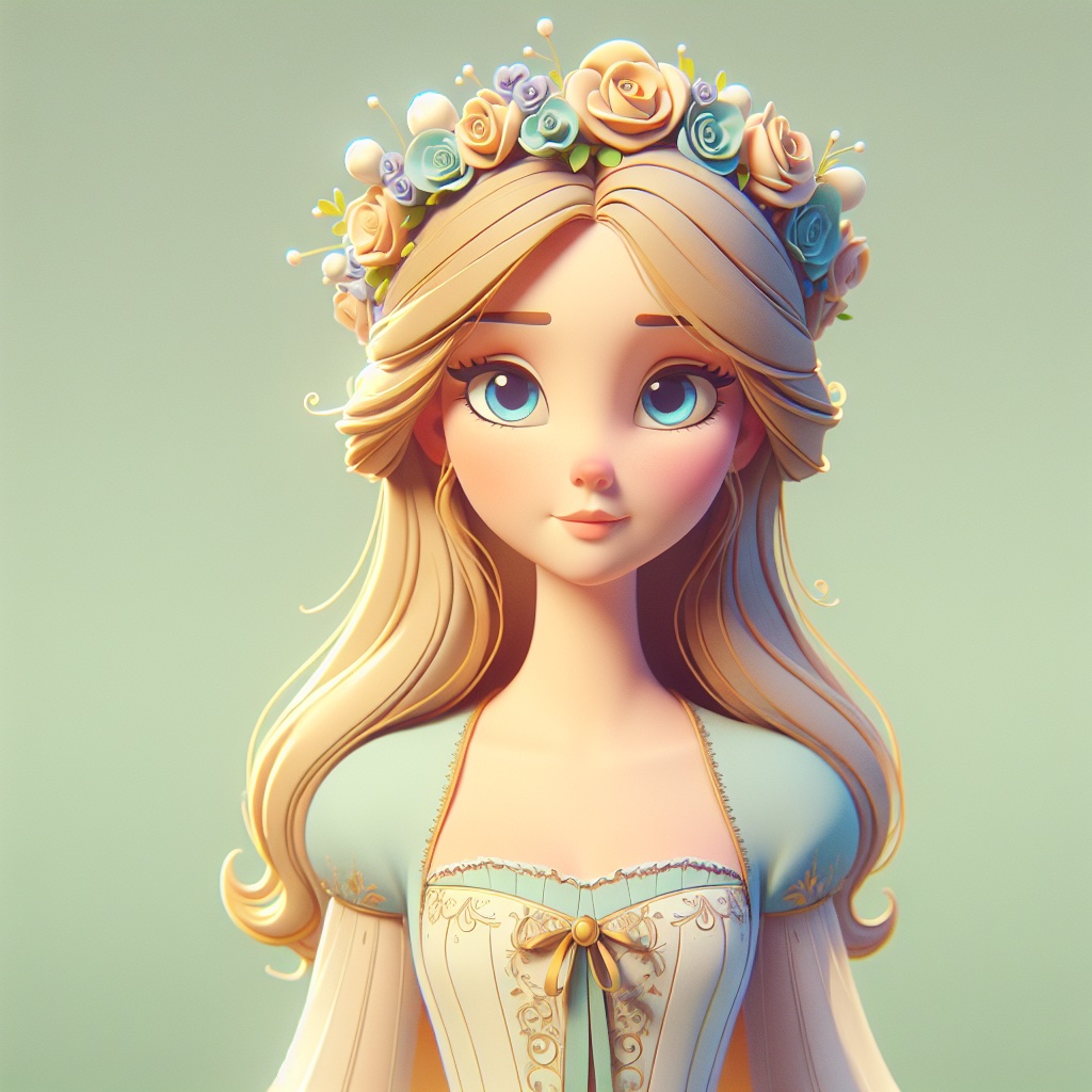 A 3D-rendered princess in a flowing gown with a tiara.