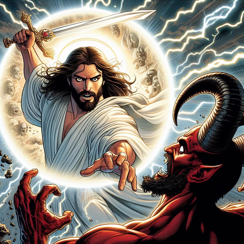 Jesus standing victorious over a defeated Satan, created in an American comic book style.