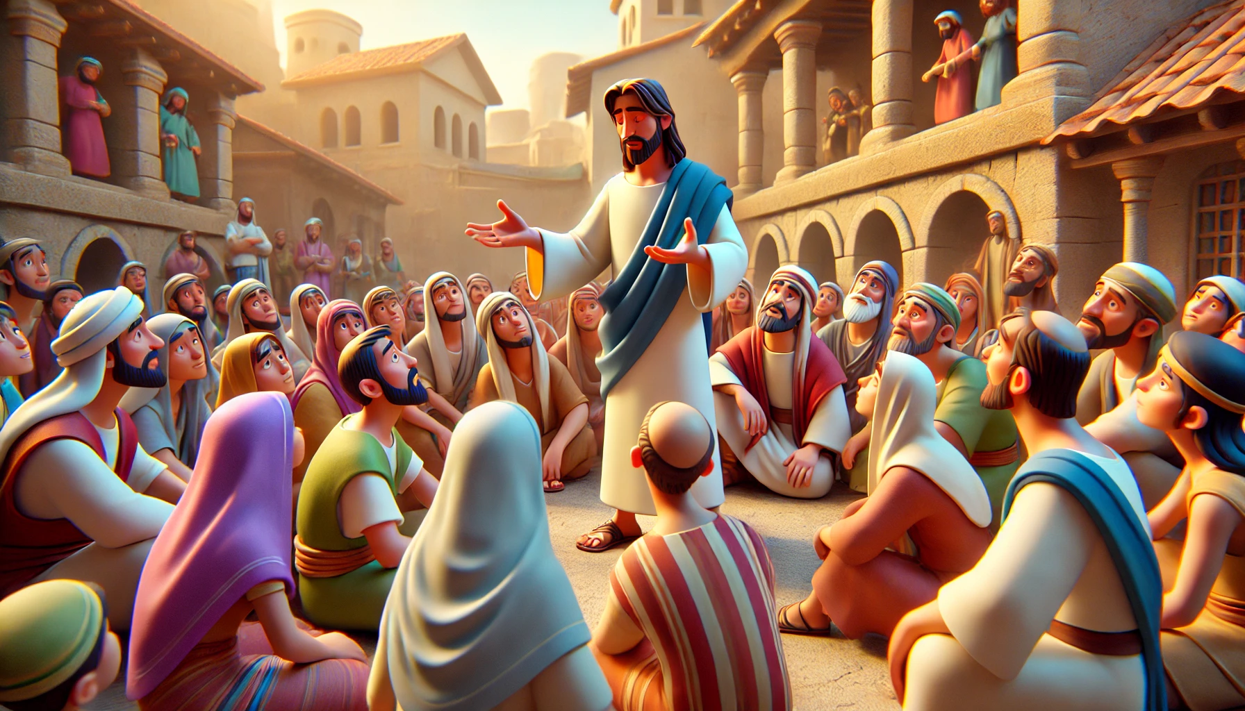 A 3D Pixar-style image of Jesus embracing a group of people with love and warmth.