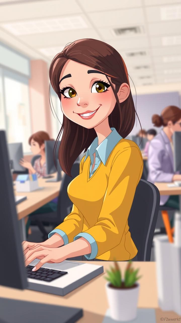 A girl working at her desk, 2D cartoon style.