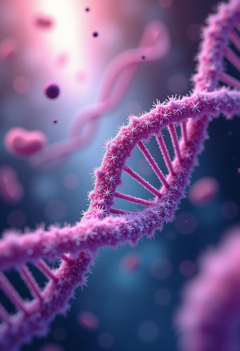 A detailed AI-generated image of DNA by Pixfun, featuring the double helix structure with vibrant colors and key features for educational and scientific purposes.